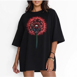 T-shirt Oversized en Coton pour Femmes Imprimé Pissenlit Rouge Manches Courtes Col Rond Décontracté Été Mi-Long Top