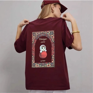 T-Shirt Vintage Oversized en Coton pour Femmes Impression Graphique Rétro au Dos Rouge Vin Manches Courtes Haut Ample