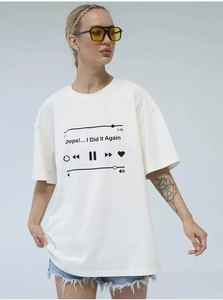 Detail of white cotton oversized T-shirt featuring a black music player graphic print