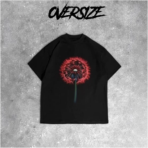 T-shirt oversize en coton noir pour femmes avec imprimé floral de pissenlit rouge