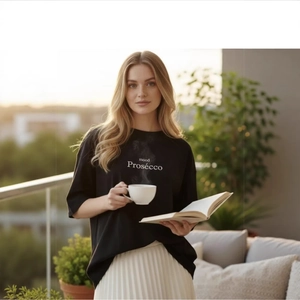 T-Shirt en Coton pour Femmes Impression de Lettres Décontracté Manches Courtes Col Rond Ample Top d'Été Noir Mood Prosecco