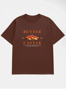 Detail of dark brown cotton T-shirt featuring Butter and Caviar artistic print design