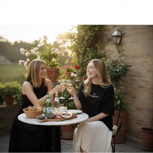 T-shirt premium en coton noir pour femmes avec imprimé mood prosecco en scène décontractée