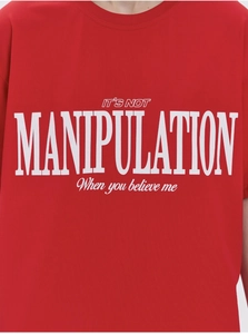 Detailed close-up of white letter print on red cotton crew neck casual t-shirt