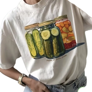 T-shirt blanc en coton pour femme avec imprimé de bocaux de cornichons et col rond