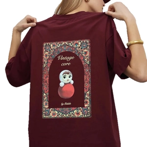 T-shirt oversize en coton bordeaux avec imprimé cartoon vintage et graphique au dos