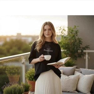 T-shirt noir oversize en coton avec imprimé mood Prosecco sous un soleil couchant