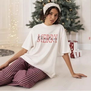 T-Shirt Femme Pur Coton Imprimé Lettres Merry Christmas Manches Courtes Coupe Décontractée Col Rond Haut De Fête Blanc