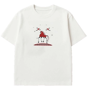 White cotton crew neck T-shirt featuring artistic red horse and star illustration print