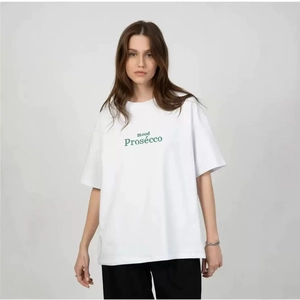 T-Shirt Femme d'Été en Pur Coton Manches Courtes Large Décontracté Mood Prosecco Imprimé Lettres Top Blanc Style Navette