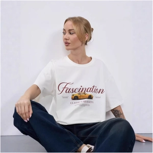 White cotton t-shirt featuring classic yellow sports car print and red Fascination text