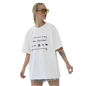 White oversized cotton t-shirt featuring a black music player print and relaxed fit