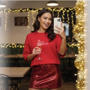 Women Christmas Red Cotton T-Shirt Prosecco Letter Print Short Sleeve Crew Neck Loose Casual Top Holiday Party Commuter Tee