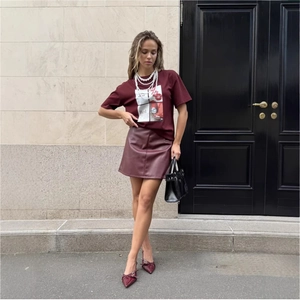 Women's Vintage Printed Cotton T-Shirt Casual Short Sleeve Round Neck Wine Red Letter Graphic Tee Summer Loose Daily Top