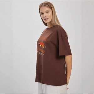 Women's dark brown oversized cotton T-shirt featuring Butter Caviar graphic print