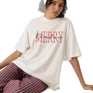 T-shirt de Noël en coton pour femme avec imprimé Merry Christmas et col rond blanc