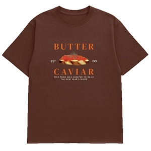 Women's brown cotton T-shirt featuring a modern butter and caviar graphic print