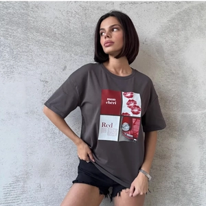 T-Shirt Ample 100% Coton pour Femmes Vintage Mon Chéri Lèvres Rouges Voiture Graphique Imprimé Col Rond Manches Courtes