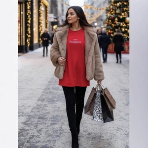 Red cotton crewneck top with white Prosecco print styled with brown faux fur coat