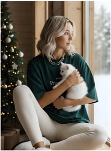 Détail d'un t-shirt vert foncé avec texte dans un décor de maison chaleureux pour les fêtes