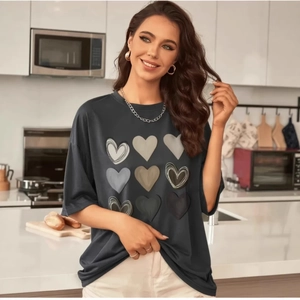 Women Summer Short Sleeve Cotton T-Shirt Loose Fit Crew Neck Top With Love Heart 3x3 Grid Print Casual Fashion Tee