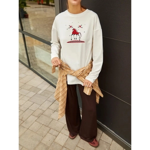 T-Shirt à Manches Longues 100% Coton pour Femmes Oversize Imprimé Art Populaire Cheval Oiseau Col Rond Ample Décontracté Top