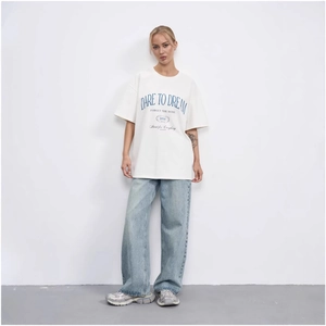 Women oversized white cotton T-shirt with navy blue DARE TO DREAM graphic print