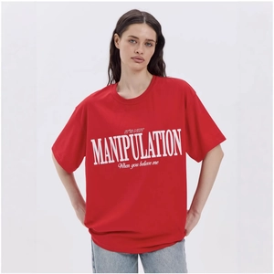 Women American Vintage Pure Cotton Oversized T-Shirt Short Sleeve Round Neck Letter Printed Casual Streetwear Top Red