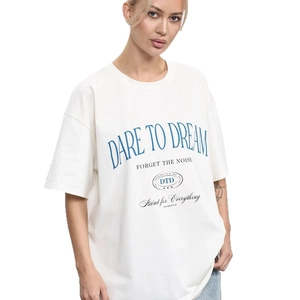 Oversized white cotton T-shirt with vintage artistic letter print for women