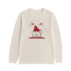 T-shirt oversize en coton à manches longues crème avec imprimé graphique cheval rouge