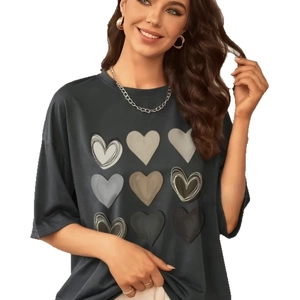 Women's dark grey loose T-shirt with nine heart prints in a 3x3 grid layout