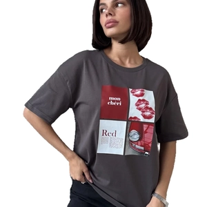 T-shirt oversize en coton gris foncé avec imprimé graphique artistique vintage