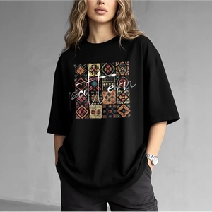 T-Shirt Vintage Oversize 100% Coton pour Femmes Imprimé Lettres Géométriques Coupe Ample Manches Courtes Col Rond Top Décontracté