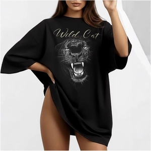 Maglietta da Donna Oversize in Cotone con Stampa Grafica Pantera Nera Wild Cat Manica Corta Girocollo Casual Estiva