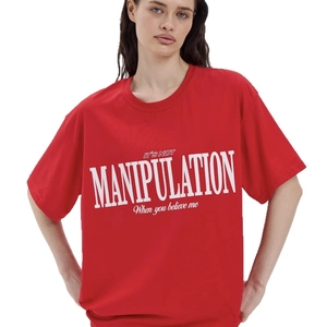 Oversized red cotton T-shirt with white Manipulation typography in American street style