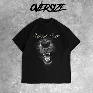 T-shirt oversize in cotone nero con stampa dettagliata di pantera selvaggia davanti