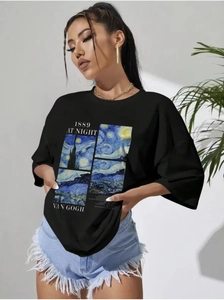 Detail view of 1889 Van Gogh starry night print on black oversized cotton t-shirt