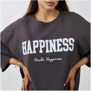 Dark grey cotton oversized T-shirt featuring bold white Happiness letter print