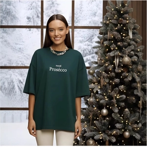 T-Shirt en Coton Oversize Décontracté pour Femmes Imprimé Lettre Mood Prosecco Col Rond Vert Foncé Haut Ample