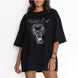 T-shirt oversize in cotone nero con stampa pantera Wild Cat e design in stile street