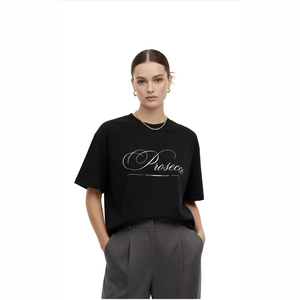 Maglietta in Cotone Oversize da Donna Con Stampa Prosecco Manica Corta Girocollo Casual Ampia Moda Pendolare Nero Top