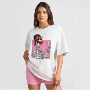Women 100% Cotton Oversized T-Shirt Love Yourself First Skull Graphic Printed Short Sleeve Round Neck Casual Loose Tee Top