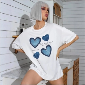 Women's Casual Cotton Oversized T-Shirt Blue Heart Letter Print Round Neck Short Sleeve Loose Top Summer Fashion Tee