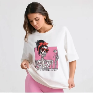 White cotton t-shirt with chic skull print and Love Yourself First slogan for women