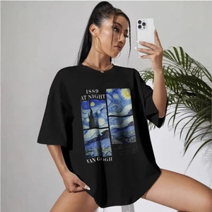 Women's Casual Cotton T-Shirt Van Gogh Starry Night Artistic Letter Print Oversized Round Neck Short Sleeve Black Tee Top