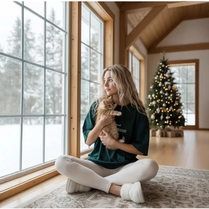 T-shirt oversize en coton vert foncé avec imprimé dans une scène d'hiver douillette