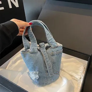 Sac Seau en Denim pour Femmes Style Coréen Mode Design Déchiré Sac à Main Décontracté Sac à Épaule en Denim