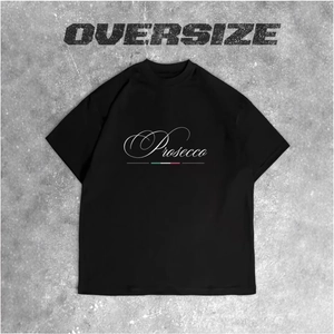 T-shirt nera oversize in cotone con scritta Prosecco e dettaglio bandiera italiana