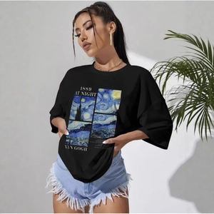 Women's black cotton T-shirt featuring Van Gogh Starry Night print and 1889 text