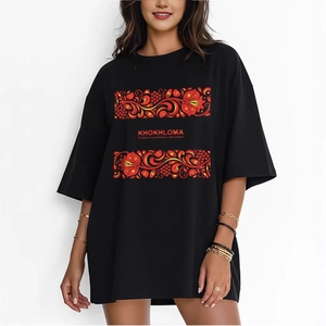 Maglietta in Puro Cotone Casual Oversize da Donna Con Stampa Floreale Tradizionale Russa Khokhloma Top Girocollo a Maniche Corte Nero